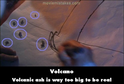 Phim Volcano, bụi núi lửa trong phim to hơn bình thường rất nhiều. Ắt hẳn chúng phải có đường kính lên đến tận 1 – 2 cm, trong khi trên thực tế, đường kính của chúng không vượt quá 2 mm